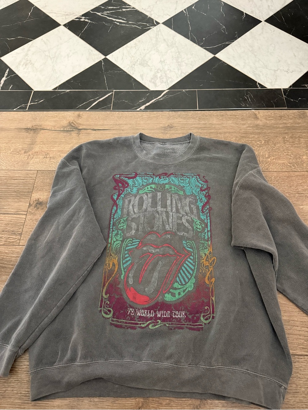 the Rolling Stones Gray Crewneck with Multicolor Tongue Graphic